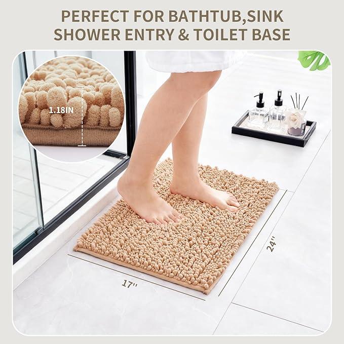 Ruggnovea Chenille Bathroom Rugs Non Slip Washable, Extra Thick Soft Absorbent Chenille Bath Mat, Non-Slip Barrier Backing, Quick Dry Machine Washable Bath Mats Tub, Shower,Floor/Sink,24x17,Beige - ModernBath