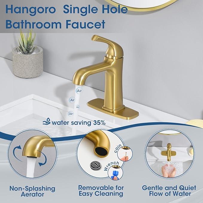 Single Hole Bathroom Faucet,‎Bathroom Sink Faucet,Brushed Gold Bathroom Faucet 1 Hole,with Pop Up Drain and cUPC Supply Lines for Vanity,Lavatory RV Farmhouse (HG-8901-BG) - ModernBath