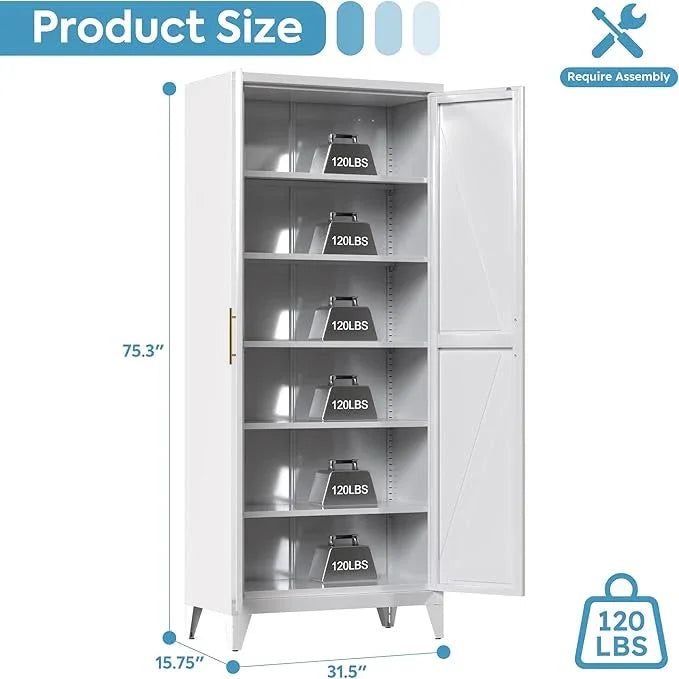 75" H Metal Pantry Cabinet, Kitchen Pantry Storage Cabinets with 5 Adjustable Shelves, for Home Office Bathroom, Required Assembly, White - ModernBath