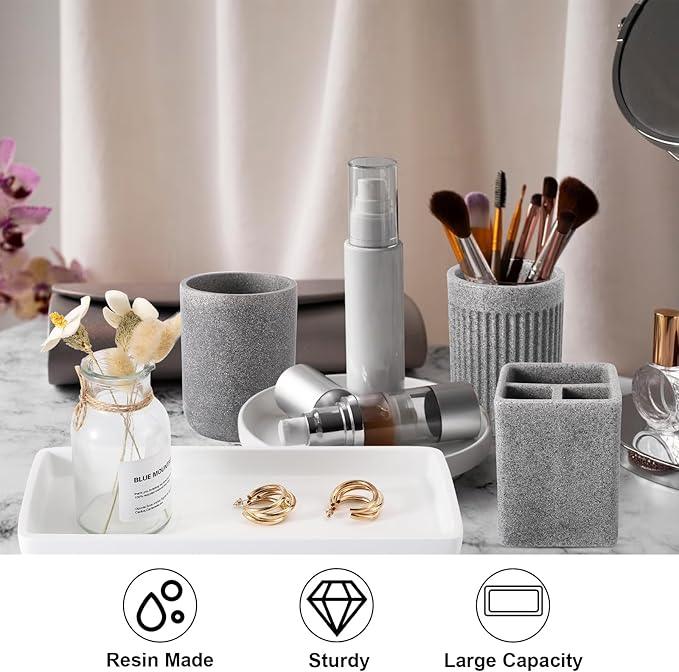 Resin Matte Gray Bathroom Toothbrush Cups Set with Holder and Tray, 4 Pcs Bathroom Accessories Set Counter Organizer for Sink Home Decor - ModernBath