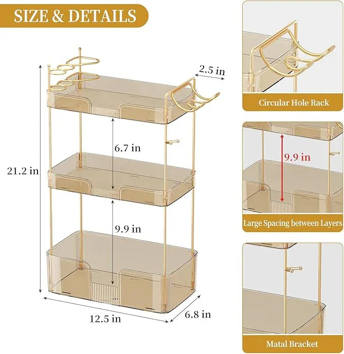 Bathroom Counter Organizer for Vanity, Makeup Organizer Countertop with Holder, Large Capacity Storage Rack, Perfect Large Skincare, Hair Care, Perfume, Easy to Install (Gold, 3Tiers) - ModernBath