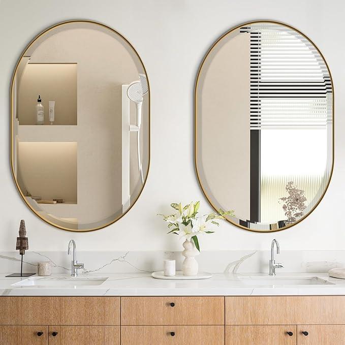 POZINO Oval Mirror Over Sink, Brushed Gold Beveled Mirror, 24"x36" Bathroom Vanity Mirrors with Stainless Steel Frame, Brass Oblong Wall Mirrors for Bedroom Living Room, Hangs Horizontal Or Vertical - ModernBath