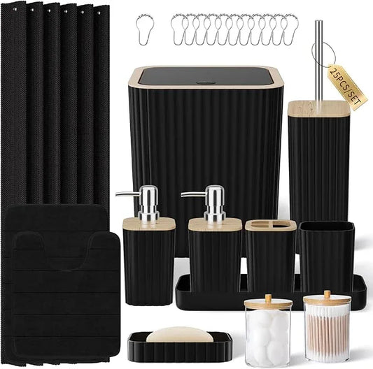 XLHOMO Bathroom Set - 25PC Black Bathroom Set with Shower Curtain and Rugs, Bathroom Accessories Set, Black Shower Curtain Set with Bathroom Trash Can - ModernBath