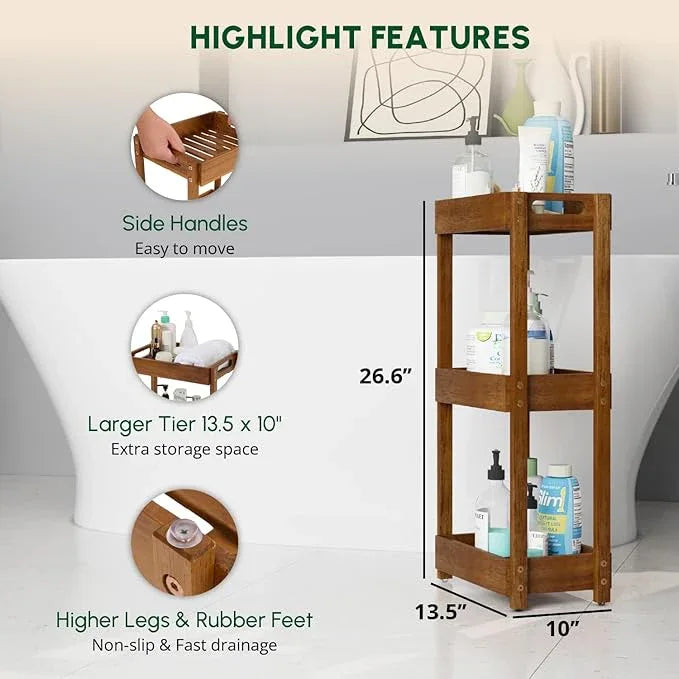 BEEFURNI Acacia Wood Shower Caddy, 3 Tier Shower Organizer, Sturdy Corner Shower Caddy, Wooden Bathroom Shelves Freestanding, Bathroom Standing Shelf (3T) - ModernBath