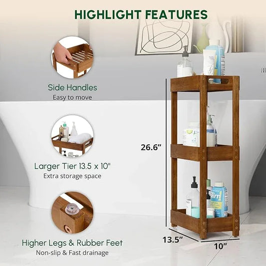 BEEFURNI Acacia Wood Shower Caddy, 3 Tier Shower Organizer, Sturdy Corner Shower Caddy, Wooden Bathroom Shelves Freestanding, Bathroom Standing Shelf (3T) - ModernBath