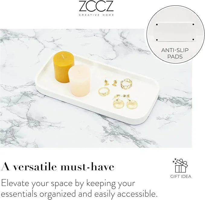 ZCCZ White Bathroom Accessories Set 6 Pieces - Toothbrush Holder, Lotion Dispenser, Qtip Container, Vanity Tray, Tumbler - Countertop Organizer for Bathrooms - Elegant and Functional Décor Set - ModernBath