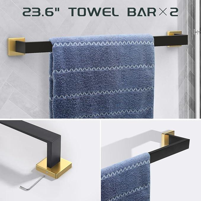 7-Piece Bathroom Set - Black & Gold Accessories Set - Square Towel Bar 2x23'', Hand Towel Rack, Toilet Paper Holder, 3x Towel Hook, Bathroom Hardware - ModernBath
