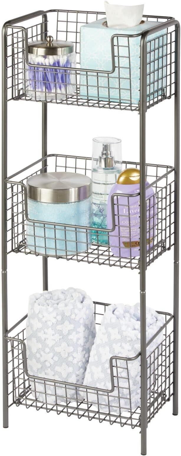 mDesign Steel Freestanding Storage Organizer Tower Rack Basket Shelf, Metal 3-Tier Furniture Unit for Master/Guest Bathroom, Powder Room - Holds Bath Towels, Soap - Concerto Collection - Graphite Gray - ModernBath