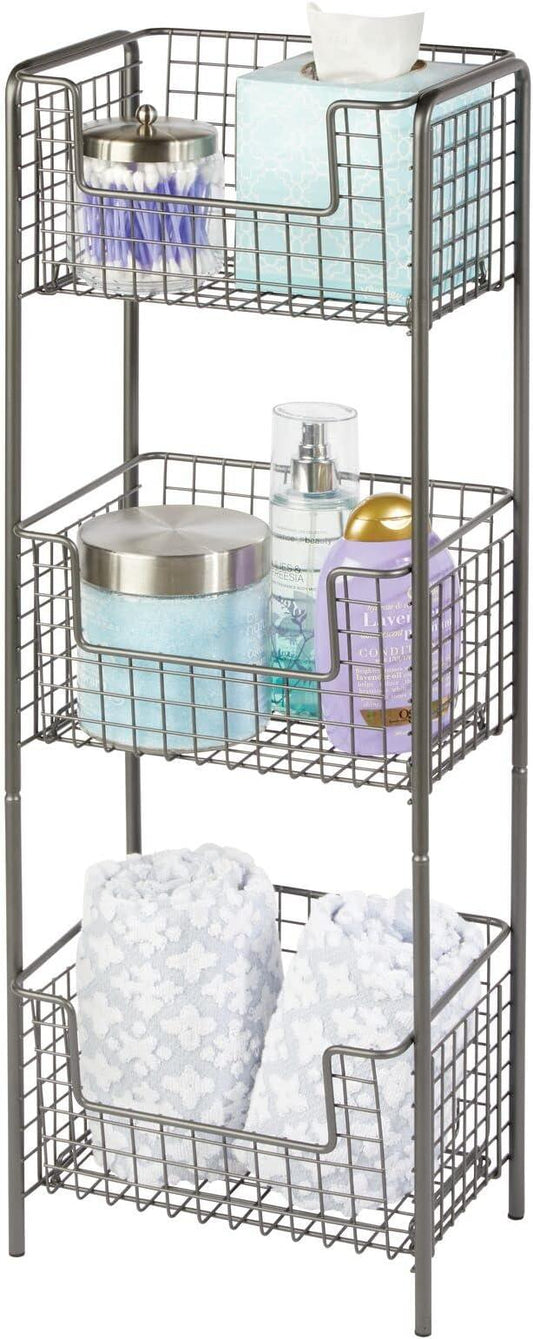 mDesign Steel Freestanding Storage Organizer Tower Rack Basket Shelf, Metal 3-Tier Furniture Unit for Master/Guest Bathroom, Powder Room - Holds Bath Towels, Soap - Concerto Collection - Graphite Gray - ModernBath
