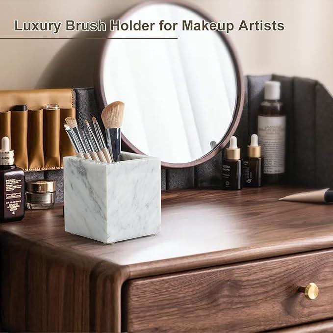 Real Natural Marble Toothbrush Holder & Pen Holder & Makeup Brush Holder, Genuine Stone Rectangular Bathroom Tumbler Cup, Durable Office & Home Countertop Organizer - ModernBath