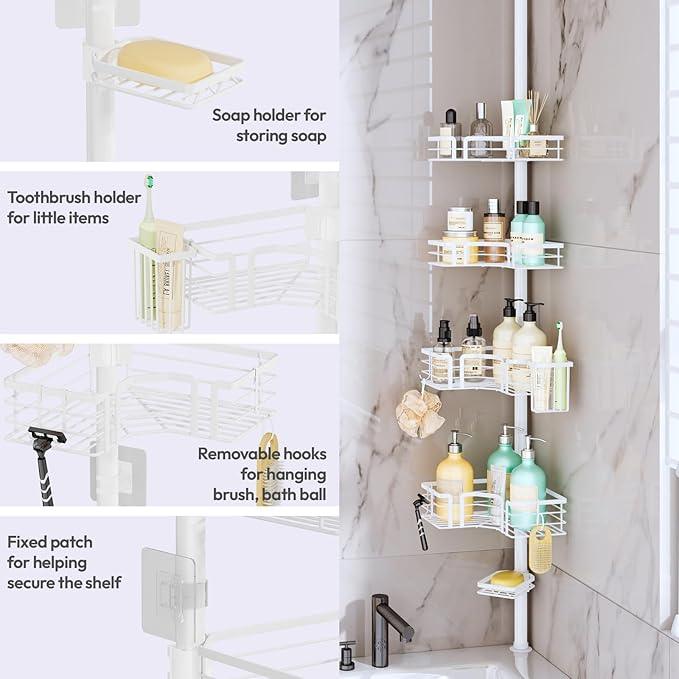 SWTYMIKI Shower Caddy Tension Pole - 4-Tier Corner Shower Organizer Tension Rod with Soap Holder, Toothbrush Holder & 4 Hooks, Adjustable Stainless Steel Bathroom Organizer 27.6 to 108.3 inch, White - ModernBath