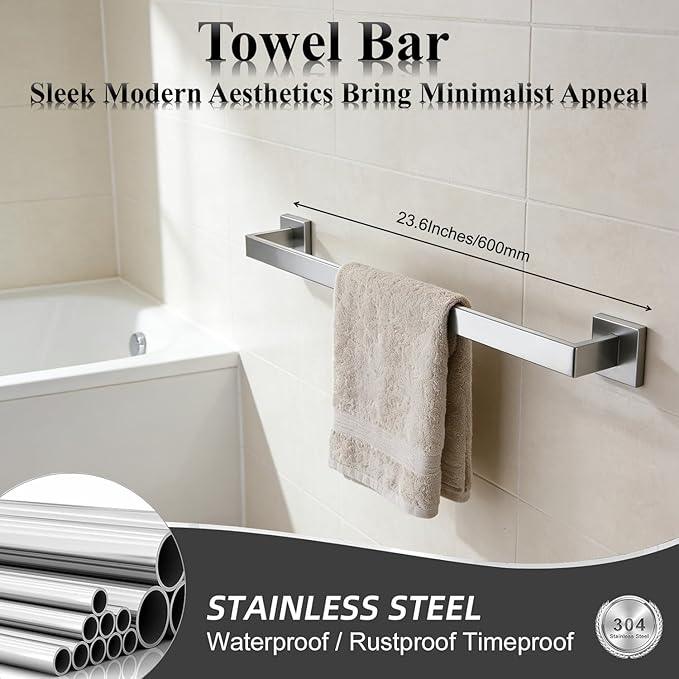 Bathroom Hardware Set 10 Piece Brushed Nickel Bathroom Accessories Set SUS304 Towel Bar Set Includes 2 Towel Bar 24 Inch+2 Towel Holder+2 Toilet Paper Holder+4 Towel Hooks (10, Brushed Nickel) - ModernBath
