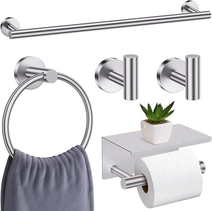 Brushed Nickel Bathroom Hardware Set, 5 Pieces Towel Bar Bathroom Accessories, Upgraded Toilet Paper Holder with Shelf Set, 23.6 Inch Towel Rack Towel Holder for Bathroom Wall - ModernBath
