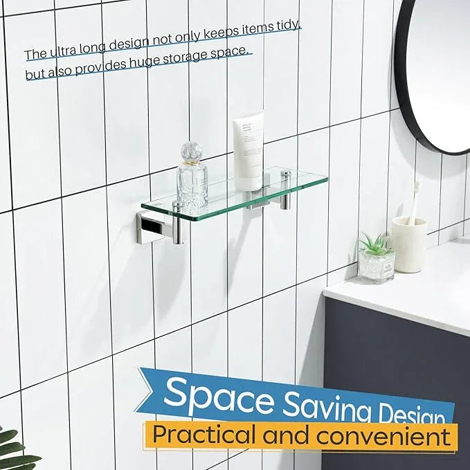 KOKOSIRI Bathroom Shelves Wall Mounted Floating Glass Shelf Polished Stainless Steel 12-Inch Small Hanging Rack for Storage/Room Decor B1105CH-L12 - ModernBath