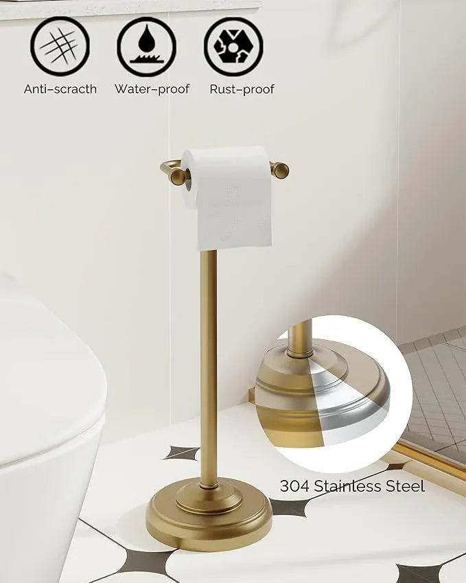 Toilet Paper Holder Stand, Brushed Brass Toilet Paper Holder Free Standing, Post Pivoting Design & Stable Weighted Base SUS304 Stainless Steel for Bathroom(Mega Roll) - ModernBath