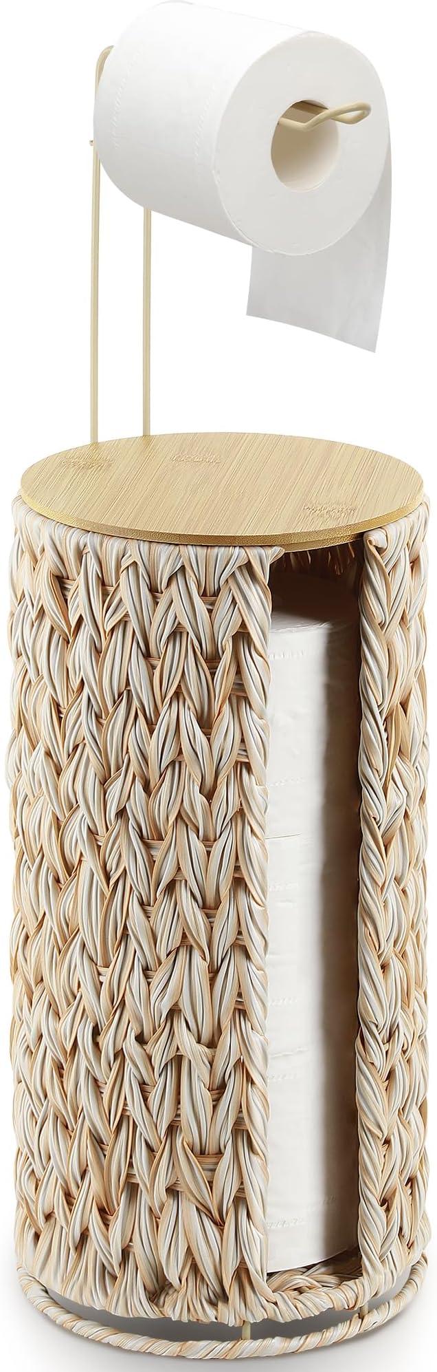 Stand Toilet Paper Storage with Lid Spare Extra 3 Rolls of Tissue Holder Free Standing Beige Wciker Toilet Paper Organizer Basket for Bathroom (Beige Color) - ModernBath