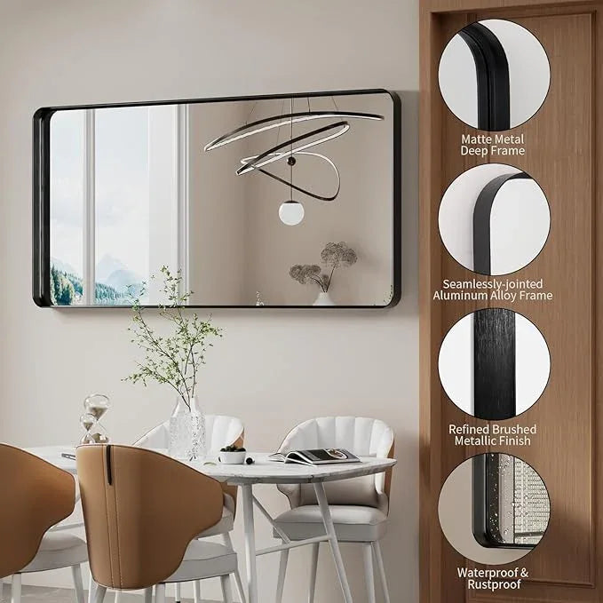 Koonmi Black Bathroom Mirror for Wall, 30x60 Inch Matte Metal Deep Framed Rounded Corner Wall Mirror, Shatterproof Tempered Glass for Farmhouse Bedroom Entryway, Vertically or Horizontally - ModernBath