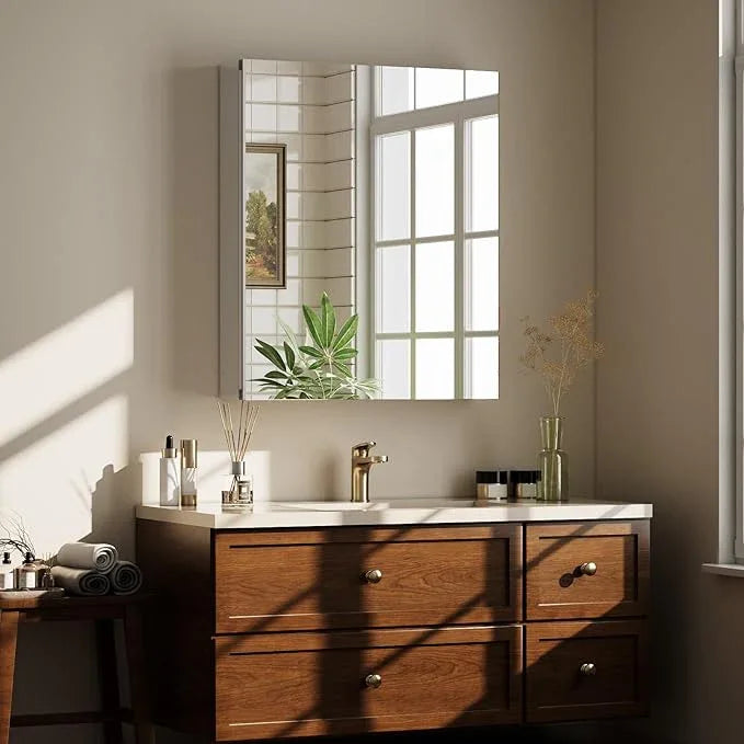 Bathroom Medicine Cabinet Mirror with Storage, 16 Inch x 24 Inch Silver Medicine Cabinet with Single Door & Adjustable Shelves for Vanity, Aluminum Surface, Wall-Mount or Recessed - ModernBath