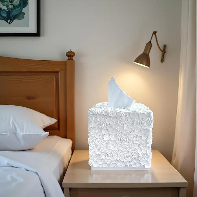 Huitony Square Tissue Box Cover Decorative Kleenex Box Holder for Bathroom & Living Room with Handcrafted Texture (Rose White) - ModernBath