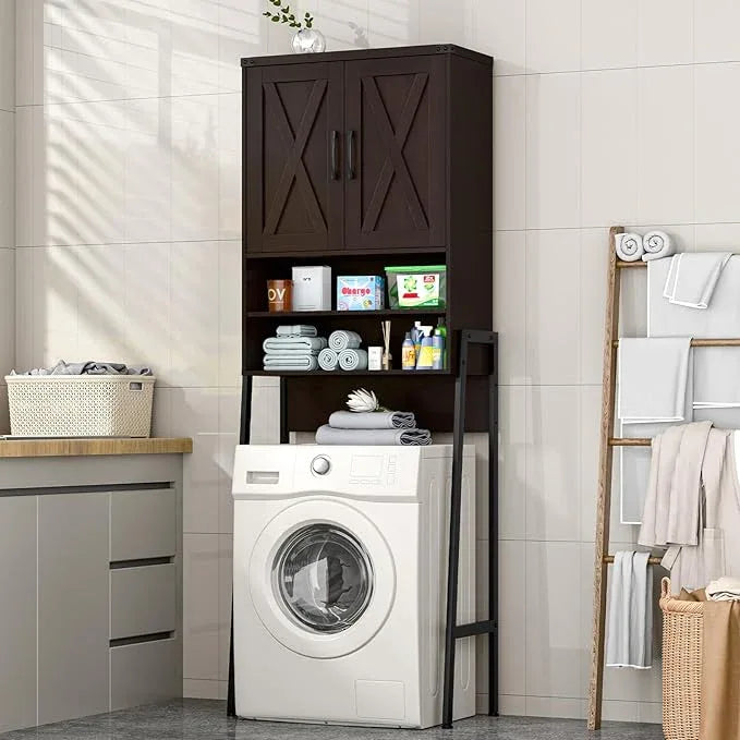 Vabches Over The Toilet Storage Cabinet, Farmhouse Over Toilet Storage Cabinet, Metal Frame with Barn Doors, Home Space-Saving Toilet Rack for Bathroom, Toilet, Laundry Room - ModernBath