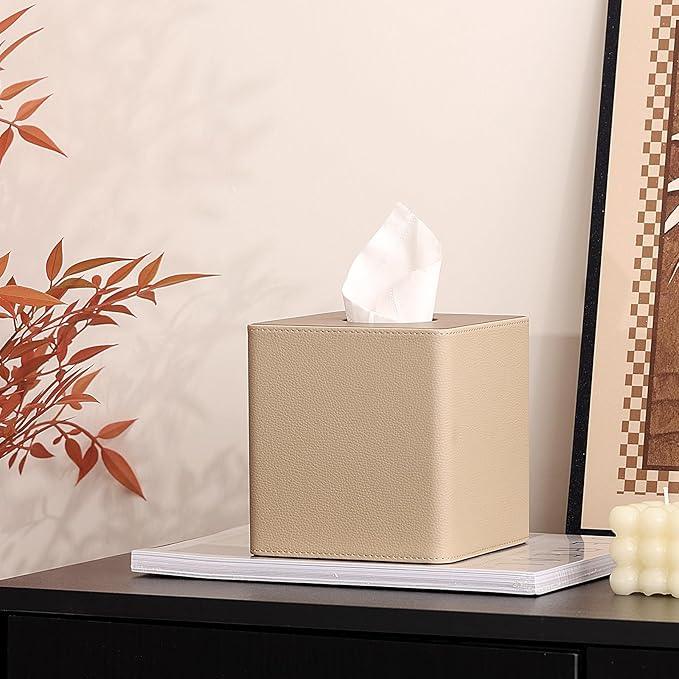 WUUAHOME Tissue Box Cover Square, Modern Leather Tissue Box Holder, Decorative Facial Tissue Paper Dispenser for Home Decor, Living Room, Hotel, Office, Restaurant, Cafe (Light Brown) - ModernBath