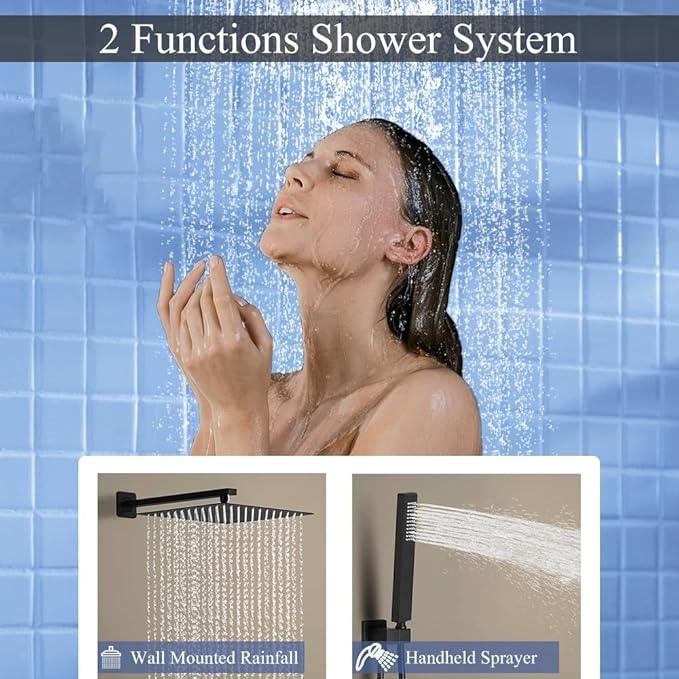 YCAIKOI Shower Faucet Set 16 Inch Wall Mount Rain Shower System, All Metal Shower Fixtures - Matte Black - ModernBath