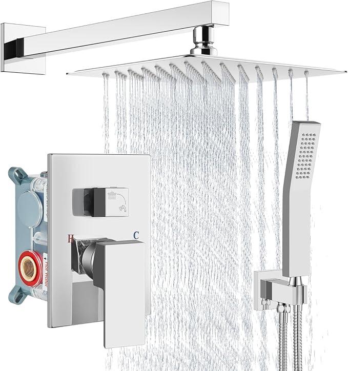 Aolemi Shower Faucet Set Rain Shower System with Handheld Spray Bathroom Shower Combo Rough-in Valve and Shower Trim Kit Included Polish Chrome 8 Inch Wall Mount Shower Head - ModernBath