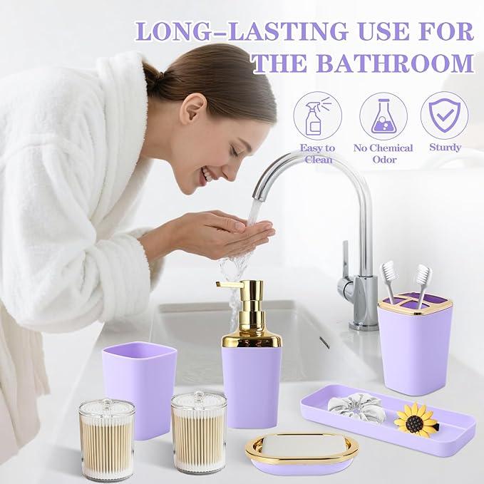 XLHOMO Purple Bathroom Accessories, Bathroom Sets with Stripe Shower Curtain, Purple and Gold Bathroom Accessories Set with Trash Can, Soap Dispenser, Soap Dish, Qtip Holders for Bathroom - ModernBath