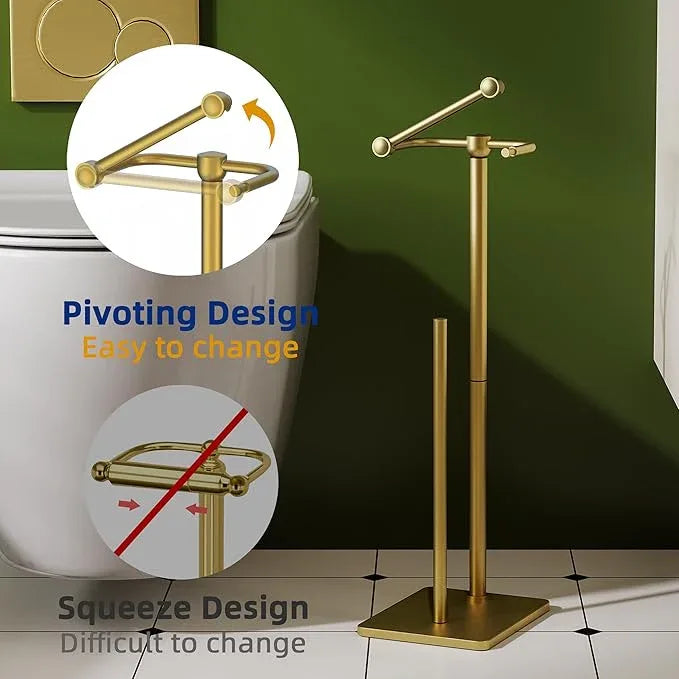 RUACQ Toilet Paper Holder Stand, Bathroom Toilet Paper roll Holder Free Standing with Storage for 4 Rolls, Post Pivoting Design, Stable Weighted Base, SUS304 Stainless Steel (Brushed Gold) - ModernBath