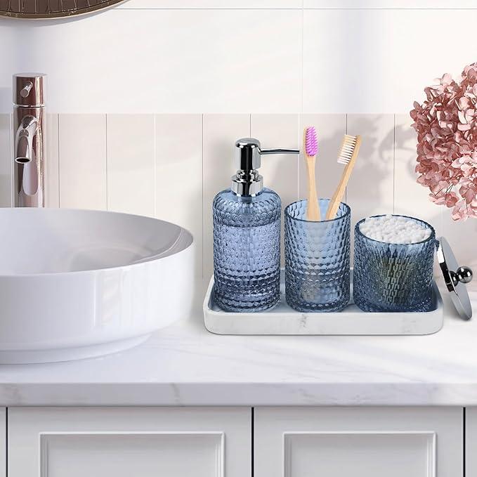 Bathroom Accessories Set,4 Pcs Blue Glass Bathroom Accessories Sets-Lotion Soap Dispenser,Toothbrush Holder,Qtip Holder Dispenser & Resin Vanity Tray,Countertop Vanity Organizer,Blue - ModernBath