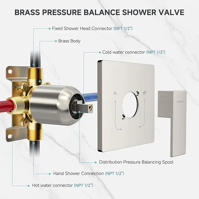 SR SUN RISE Shower Faucet Set & System - 10 Inch Rainfall Shower Head & Handle Set Wall Mounted Brushed Nickel Solid Brass Valve Trim Kit Included - ModernBath