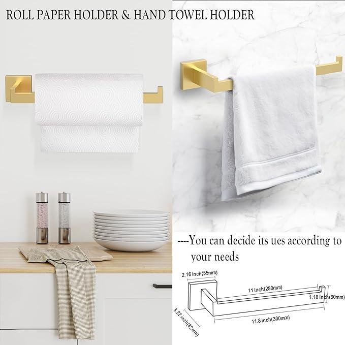 BOZWELL 5 Piece Light Brushed Gold Stainless Steel Towel Bar Set, 23.6 inch Square Bathroom Hardware Accessories Set,Wall Mounted Towel Racks for Bathroom with TP - ModernBath