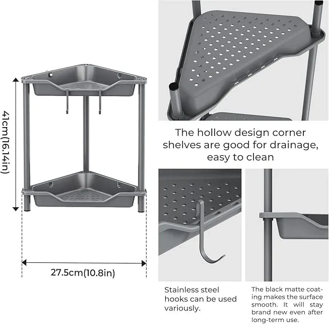 ODesign 2 Tier Floor Standing Corner Shower Caddy Organizer Plastic Metal Splicing Shelf Storage Rack for Bathroom Grey - Rustproof - ModernBath