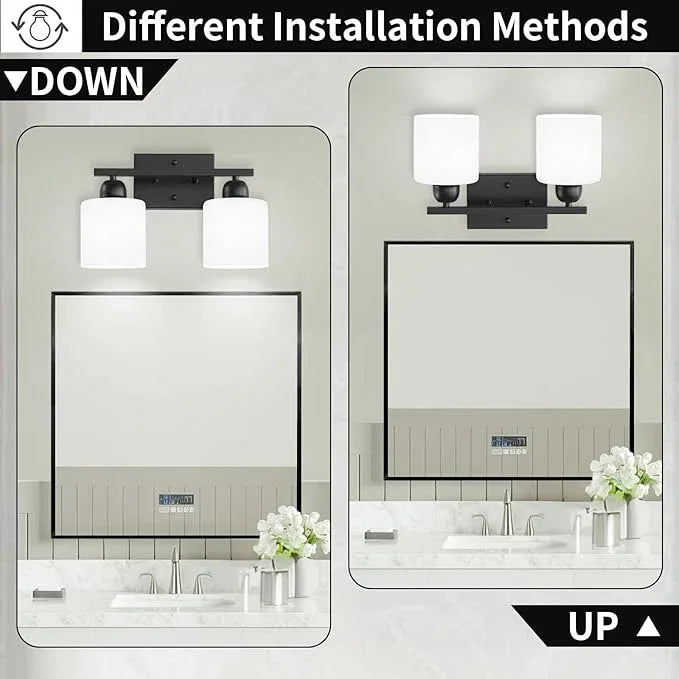 2 Light Black Bathroom Light Fixture, Modern Bathroom Lights with Milky White Frosted Glass Shades for Mirror Living Room Bedroom Hallway E26 Base - ModernBath