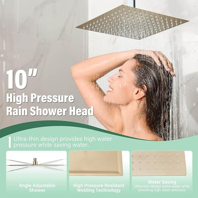 Shower Faucet Set Rain Shower System with 10 Inches Rain Shower Head and Handheld Spray, Bathroom Shower Fixtures Brushed Gold Shower Kit with Brass Valve,Ceiling Mounted - ModernBath
