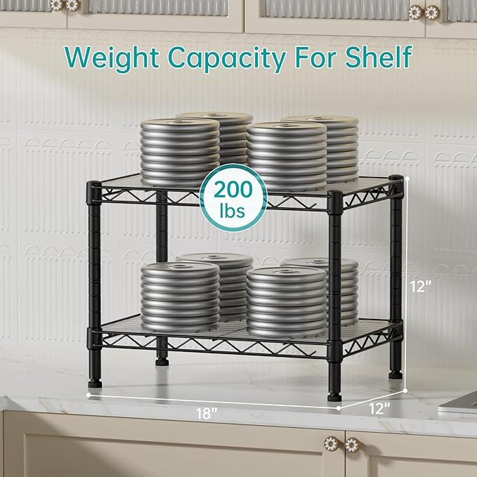 SINGAYE 2 Small Shelves Kitchen Storage Shelf Wire Shelving Unit Metal Shelf Adjustable Organizers Storage Shelving for Office Pantry Black 12" D X 18" W X 12" H - ModernBath