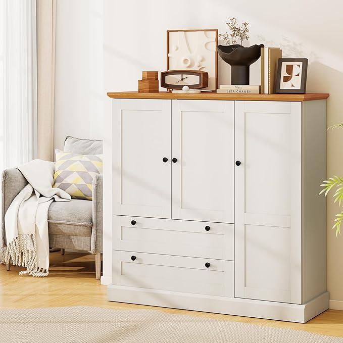 LOKO 47.5” Tall Buffet Cabinet with Storage, Modern Storage Cabinet with 3 Doors & 2 Large Drawers, Farmhouse Kitchen Pantry with Removable Shelf for Dining Room, Living Room, Home Bar - ModernBath