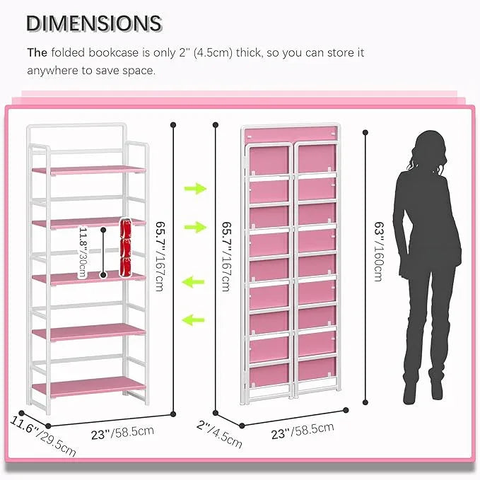 4NM No Assembly 5 Tiers Folding Bookshelf Storage Shelves Vintage Bookcase Standing Racks Study Organizer Home Office (Pink White) - ModernBath