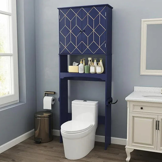 HLR Over The Toilet Storage Cabinet with Gold Trim, Over Toilet Bathroom Organizer with Adjustable Shelves and Toilet Paper Holder, Above Toilet Storage Cabinet Spacesaver for Bathroom (Blue) - ModernBath