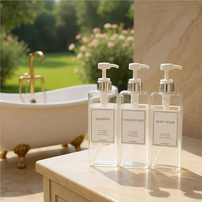Modern Design Shampoo and Conditioner Dispenser, Large 27oz Shower Soap Dispenser, Set of 3 Refillable Empty Plastic Pump Bottles for Bathroom, 6 Waterproof Labels Included, (Clear & Silver) - ModernBath