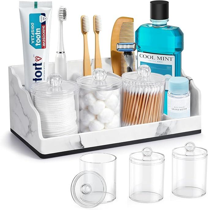 TuCao Bathroom Counter Organizer with 3PCS Qtip Holder, Marble Toothbrush Holders for Bathrooms, Bathroom Organizers and Storage with Drain Holes, Electric Toothbrush Holder, Vanity Organizer - ModernBath