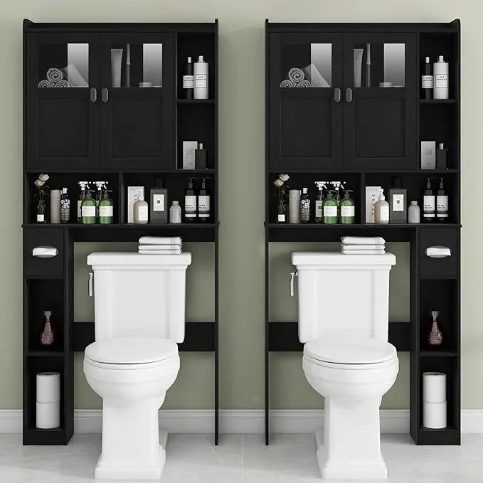Vabches Over The Toilet Storage Cabinet, Bathroom Shelf Over Toilet with Glass Doors and Adjustable Shelves, Black Freestanding Home Space Save Toilet Rack, for Restroom, Bathroom, Laundry - ModernBath