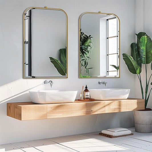POZINO Brushed Gold Beveled Mirror, 24"x38" Arched Vanity Mirror Over Sink, Rounded Rectangle Mirrors with Stainless Steel Frame, Brass Oblong Mirrors for Bathroom Bedroom Living Room Entryway - ModernBath
