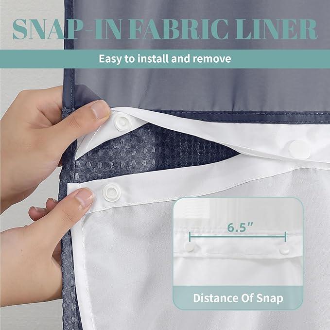 eachope Navy Extra Long No Hook Waffle Weave Shower Curtain with snap-in Liner Replacement, 230GSM Waterproof Fabric Hotel Shower Curtain Set for Bathroom, Through Mesh Top Window,71Wx86H - ModernBath