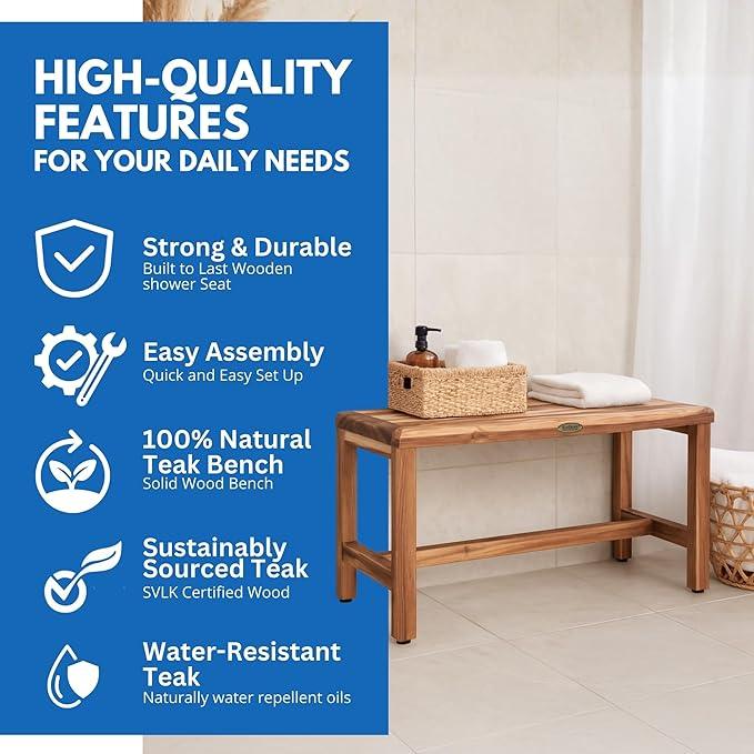 EcoDecors Eleganto 35 Inch Natural Color Waterproof Teak Wood Shower Bench Stool Seat Chair For Inside Shower Provides Safety, Storage, and Organization For Bathroom Accessories - ModernBath