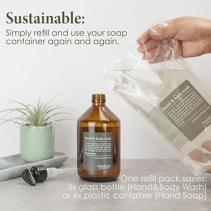 Moisturizing Liquid Hand & Body wash Rosemary Ginger Refill Pack by Jean&Len, silicone and paraben free with natural ingredients, vegan, 50.7 Fl. Oz. - ModernBath