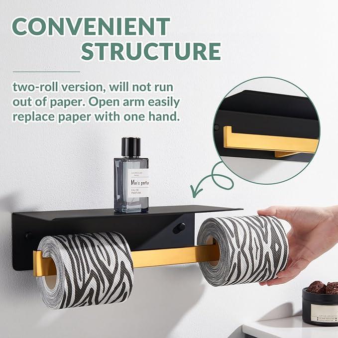 APLusee Double Toilet Paper Holder with Phone Shelf, 304 Stainless Steel Bathroom Tissue Hanger, Wall Mounted Dual Roll Paper Dispenser, Black & Gold - ModernBath