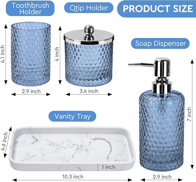 Bathroom Accessories Set,4 Pcs Blue Glass Bathroom Accessories Sets-Lotion Soap Dispenser,Toothbrush Holder,Qtip Holder Dispenser & Resin Vanity Tray,Countertop Vanity Organizer,Blue - ModernBath