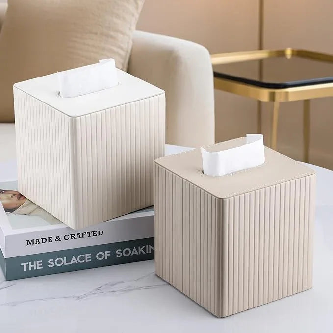 KINGFOM Tissue Box Cover, PU Leather Square Tissue Box Holder for Kleenexs with Magnetic Bottom Cover for Facial Tissues/Napkins, Office & Living Room Decor Box (Beige Strips) - ModernBath