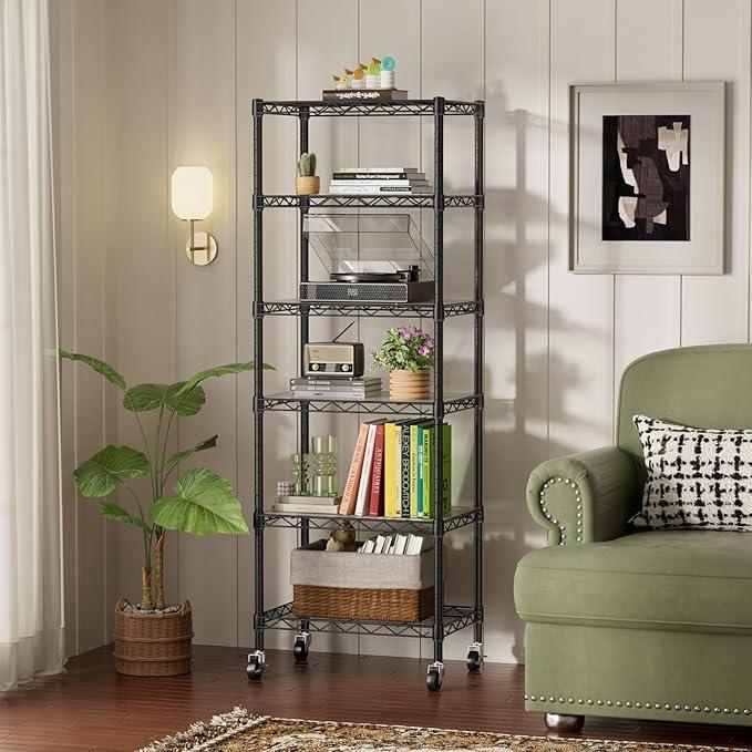 SINGAYE 6 Shelf Storage Wire Shelves Closet Bathroom Organizers Metal Pantry Kitchen Small Garage Shelving Unit Laundry Room Organization Home Narrow Rack Net Basket with Wheels Black - ModernBath